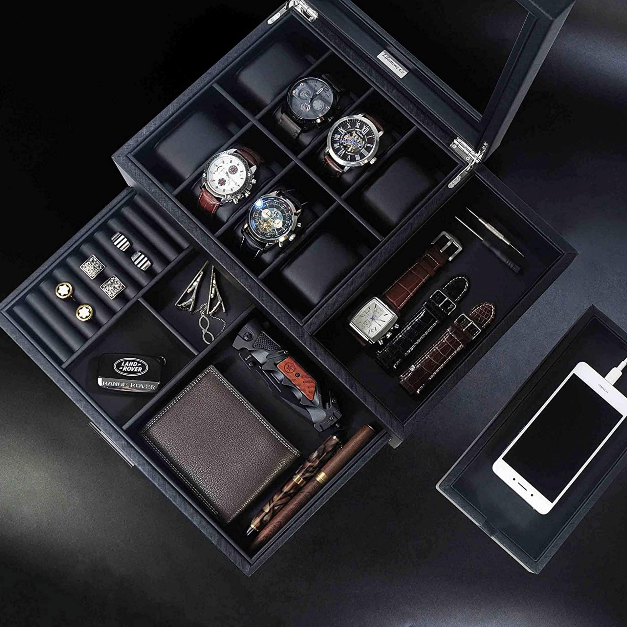 8 Slots Watch Box with Drawer in Black Watch Boxes Clinks 
