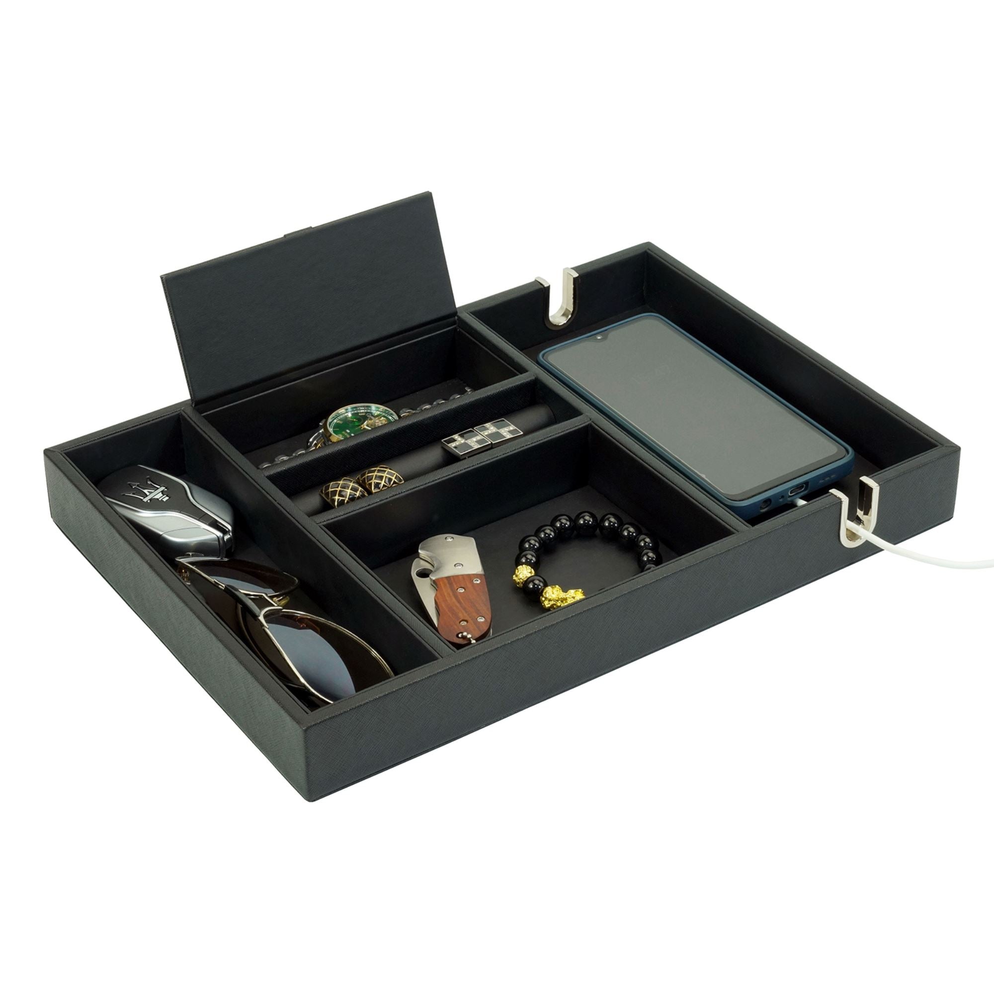 Black Vegan Leather Valet Tray Watch Boxes Clinks Australia 