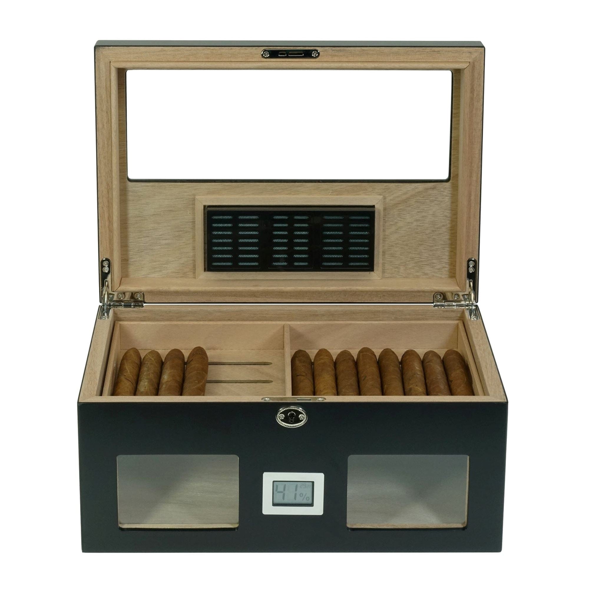 100 CT Black Wooden Cigar Humidor Box with Digital Hygrometer Cigar Boxes Clinks 
