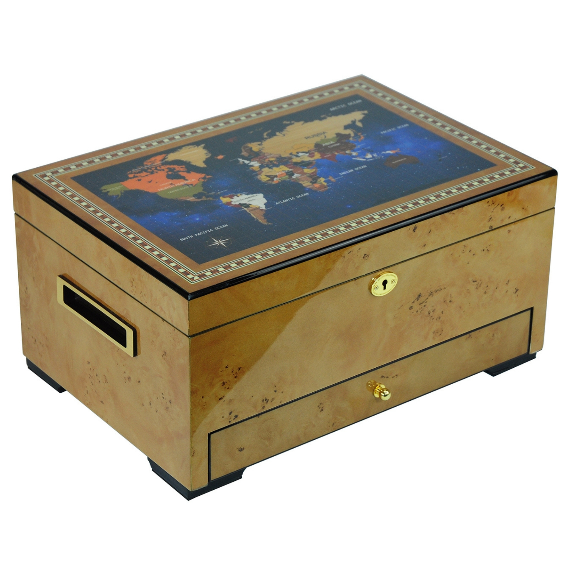 Seconds - 100 CT World Map Burl Cigar Humidor Spanish Cedar Box for Cigars (A)