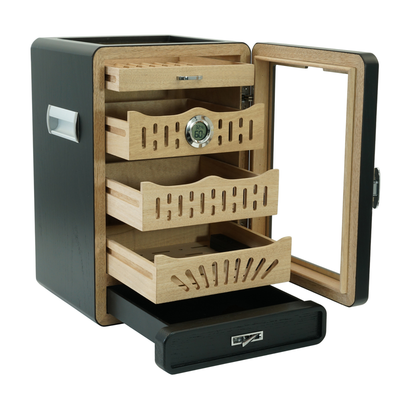 200 CT Black Wooden with Glass Top Cabinet for Cigars