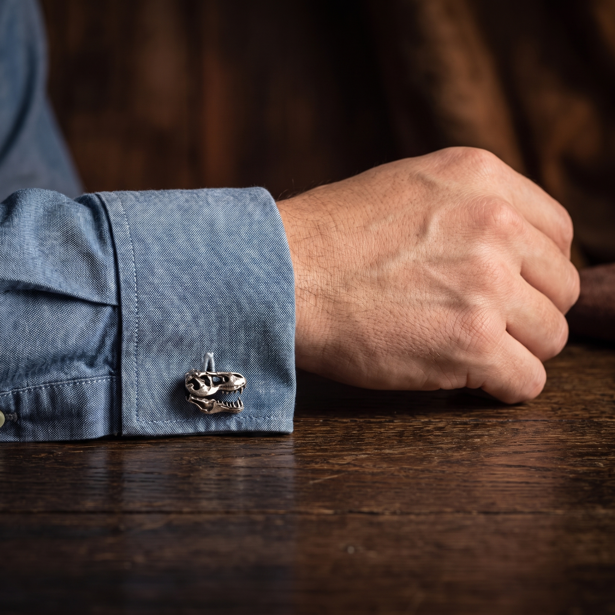 T-Rex Skull Dinosaur Cufflinks — lifestyle shot