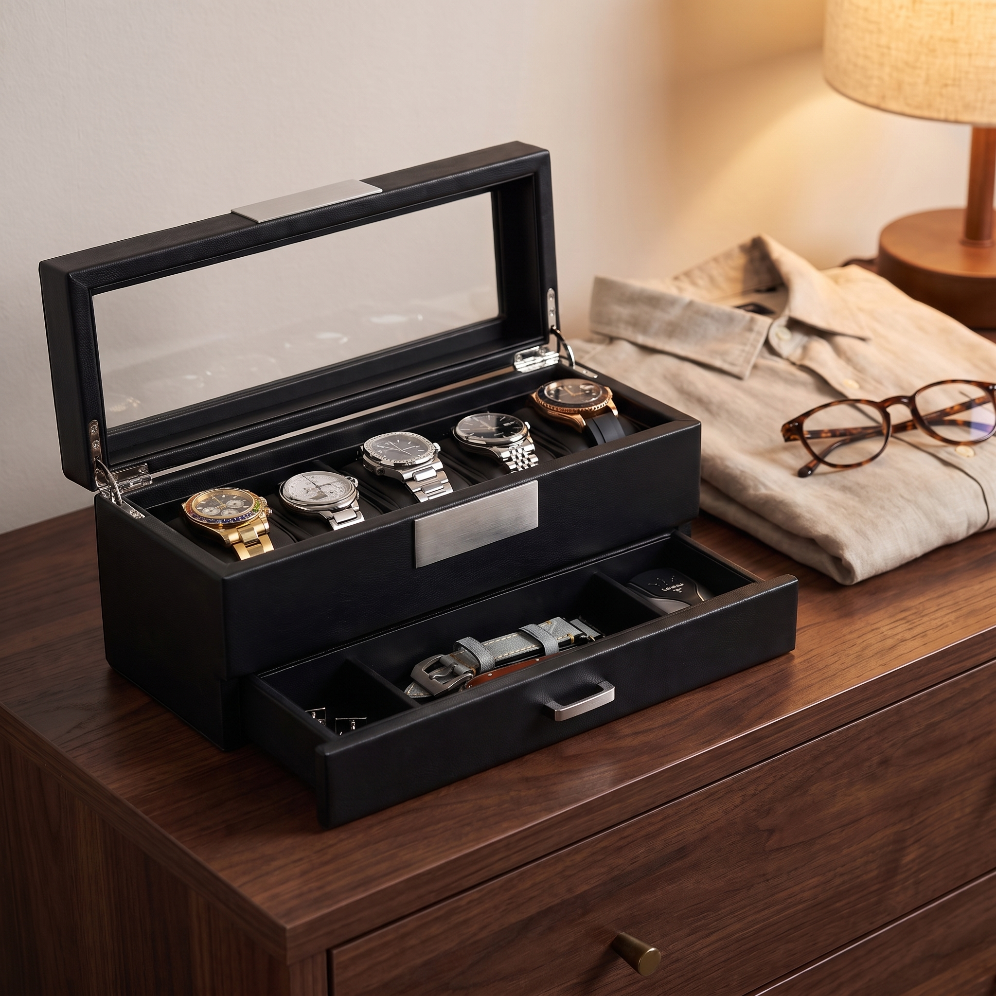 5 Slot Leather Watch Box in Black with Drawers — lifestyle shot
