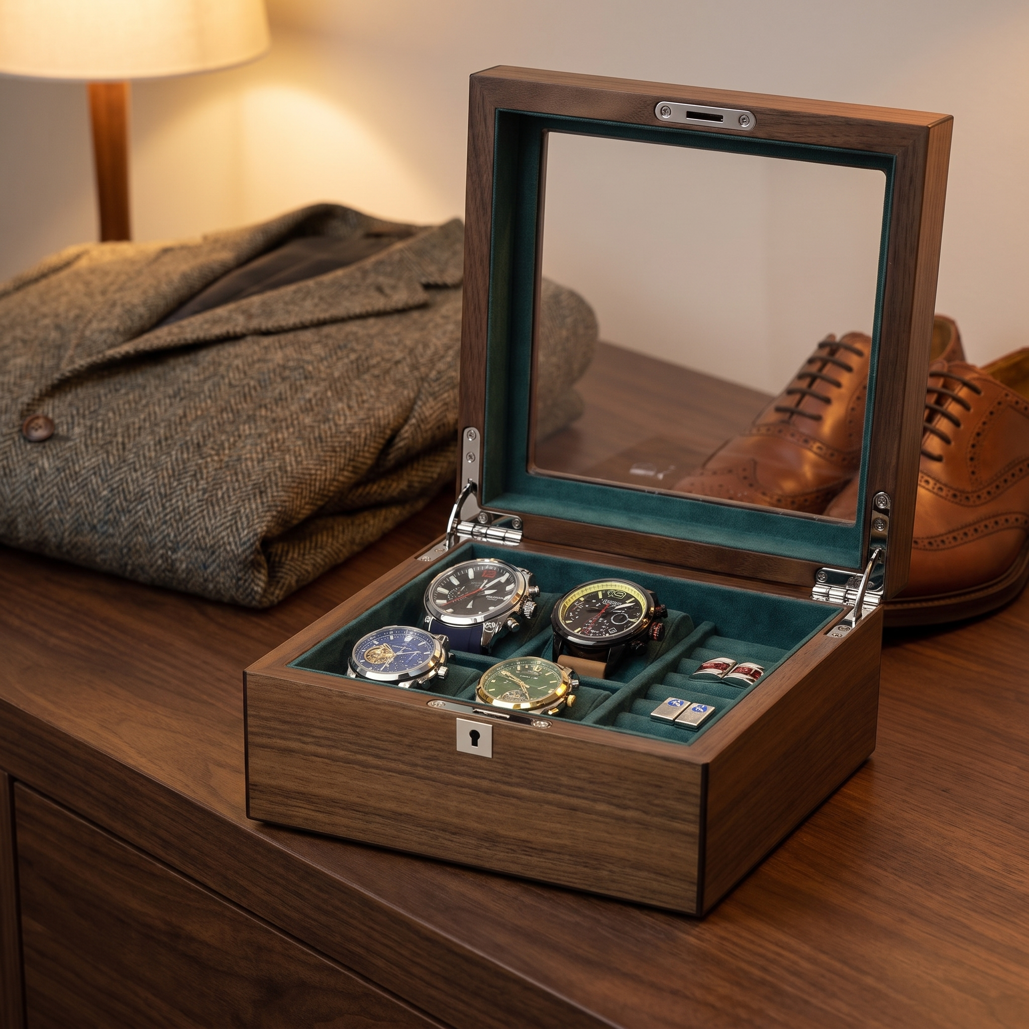 4 Slots Walnut Wooden Watch Box with Cufflinks Storage — lifestyle shot