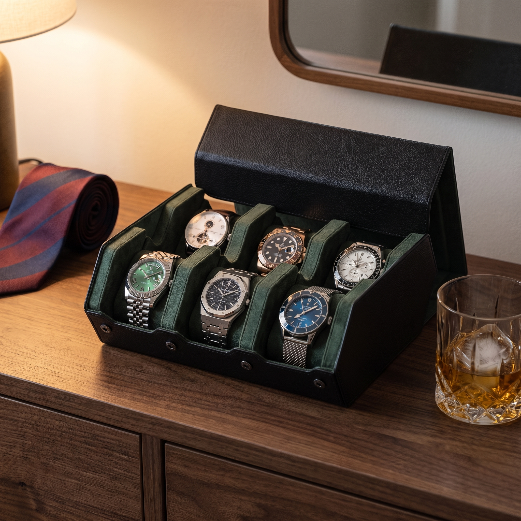 Hex Leather Watch Roll 6 Slots in Black/Green — lifestyle shot