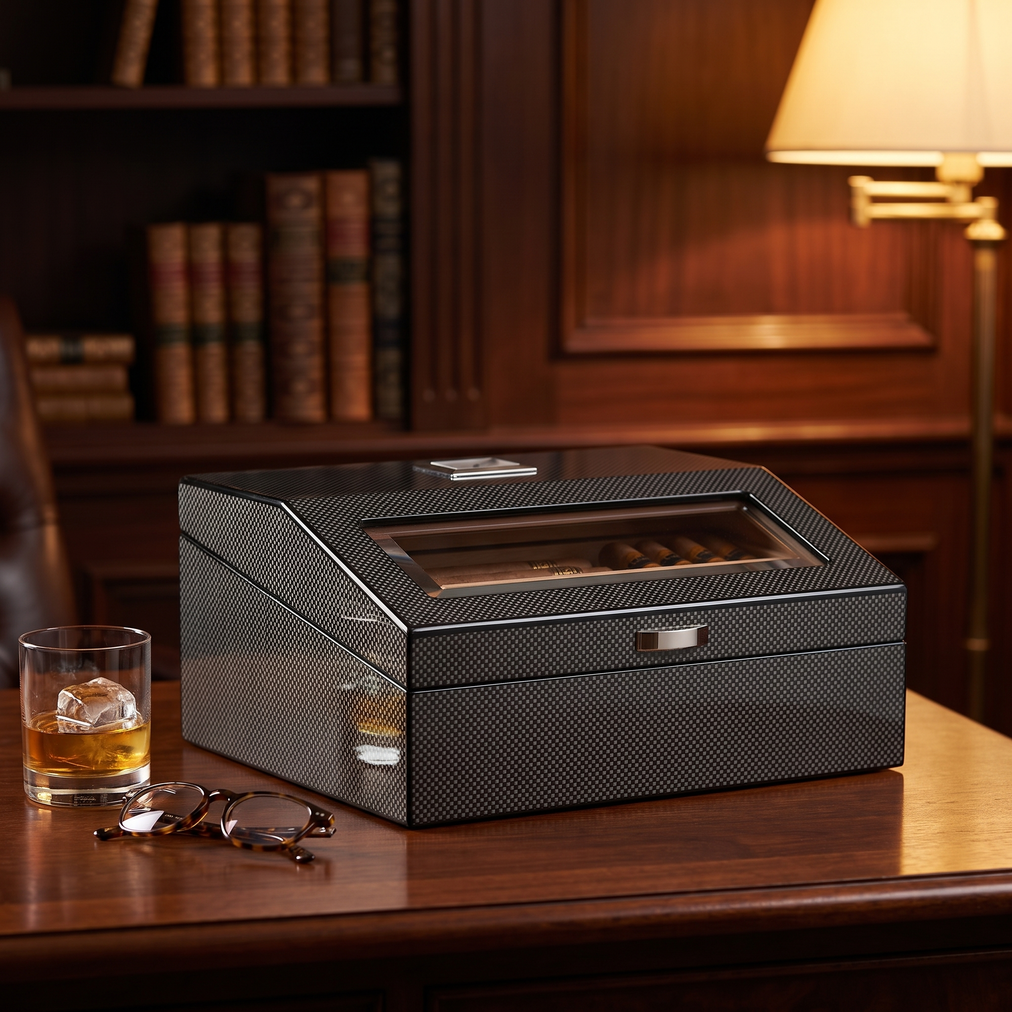 50 CT Carbon Fibre Cigar Humidor Wooden Cabinet for Cigars — lifestyle shot