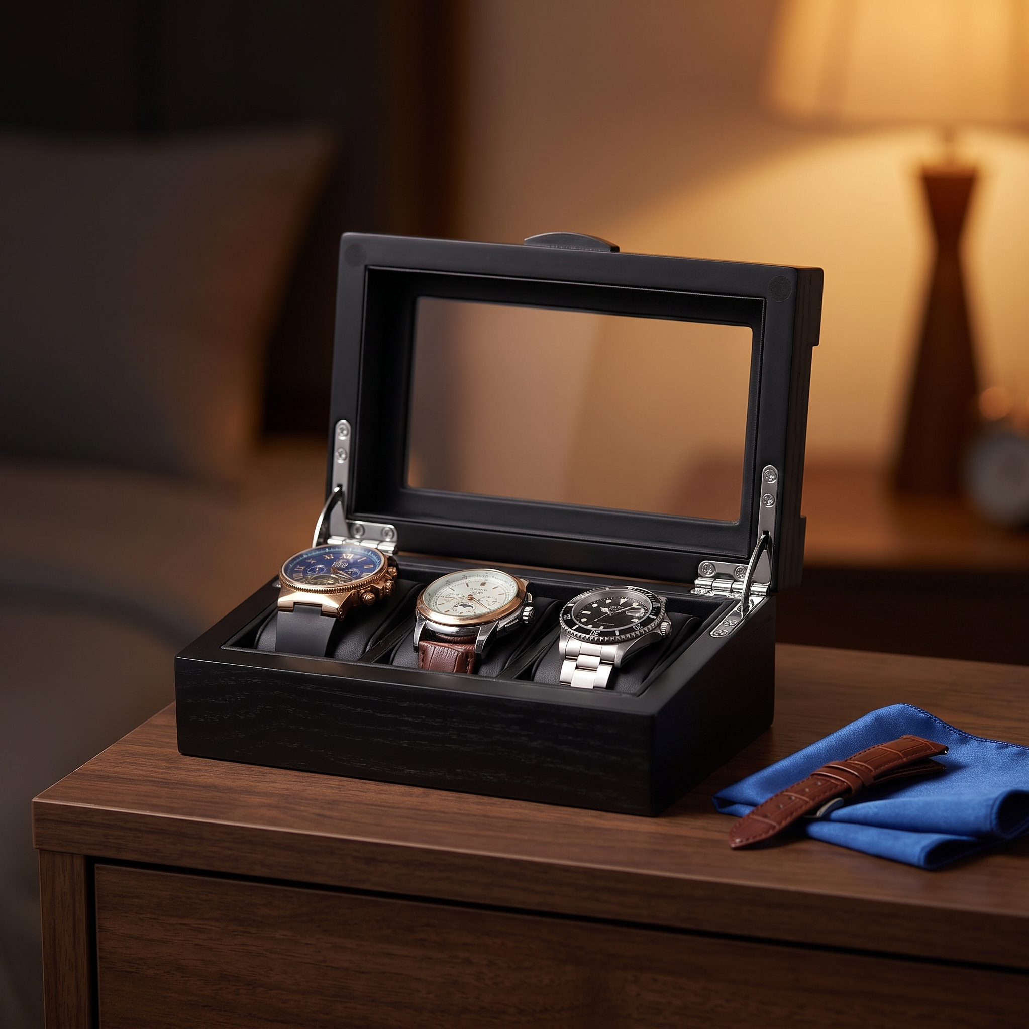 3 Slots Black Wooden Watch Box — lifestyle shot