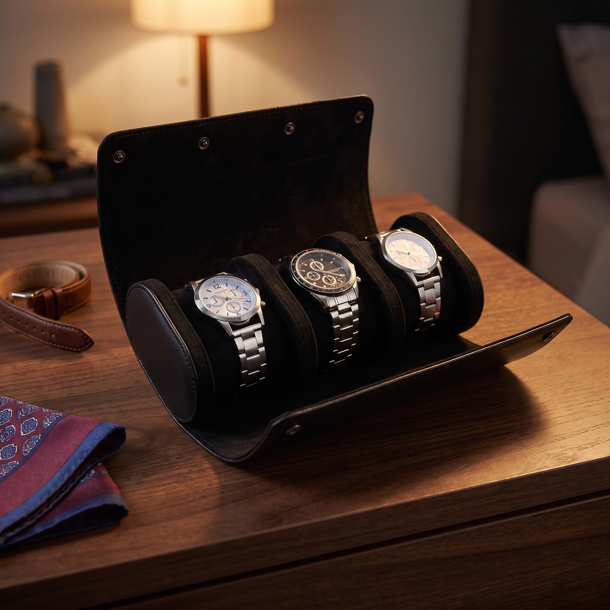 Watch Roll Case for 3 in Black Vegan Leather — lifestyle shot