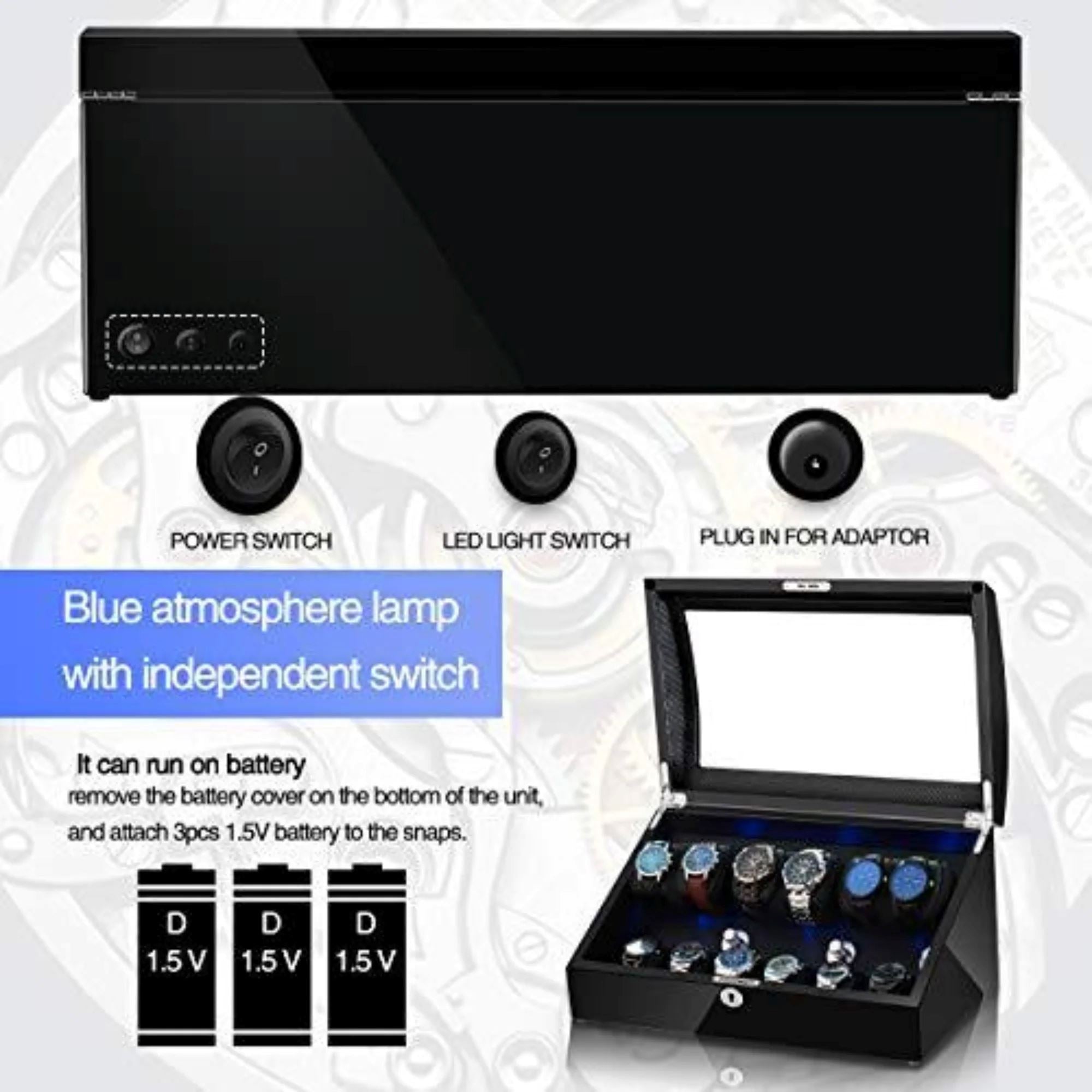 Seconds - Avoca Watch Winder Box 6 + 6 Watches in Black with Carbon Fibre Interior (d) Seconds Clinks 