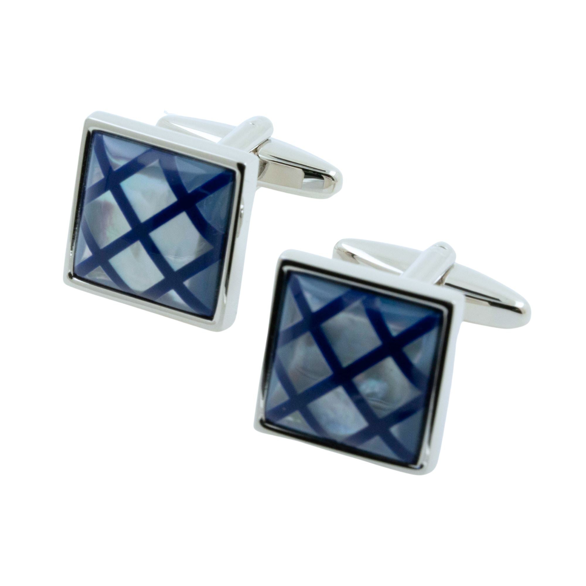 Navy Blue Crisscross on Mother of Pearl Cufflinks Classic & Modern Cufflinks Clinks Australia 