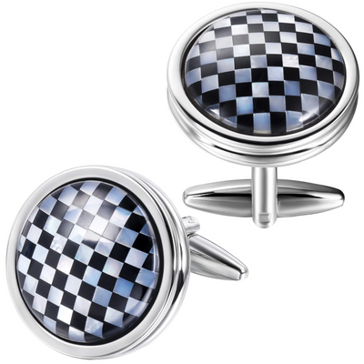 Mother of Pearl and Black Checkerboard in Round Silver Cufflinks