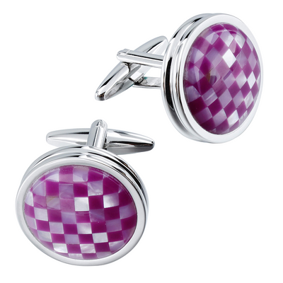 Mother of Pearl and Purple Checkerboard in Round Silver Cufflinks