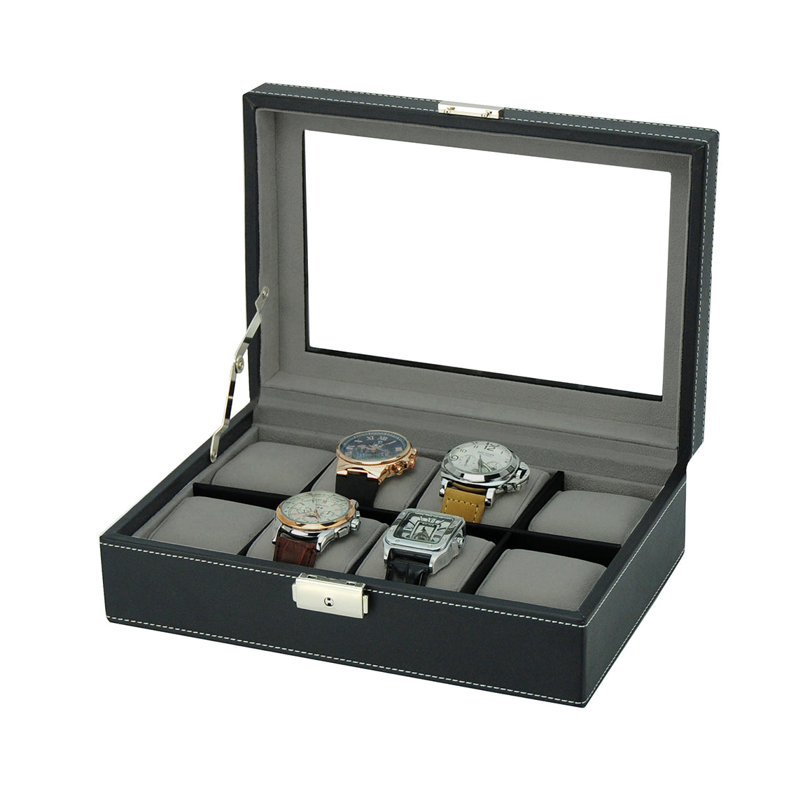 Black Leather Watch Box, 8 Watch Boxes, Cuffed Watch Box, Clink Australia Watch Box, Black Watch Boxes on Cuffed, Australia Watch Box, Watch Storage Box, Watch Display Box, 8 Slots Watch Box, Watch Box for 8, Black Watch Box, Black, Leather, Watch Boxes, Storage Boxes, CB5064, Clinks.com