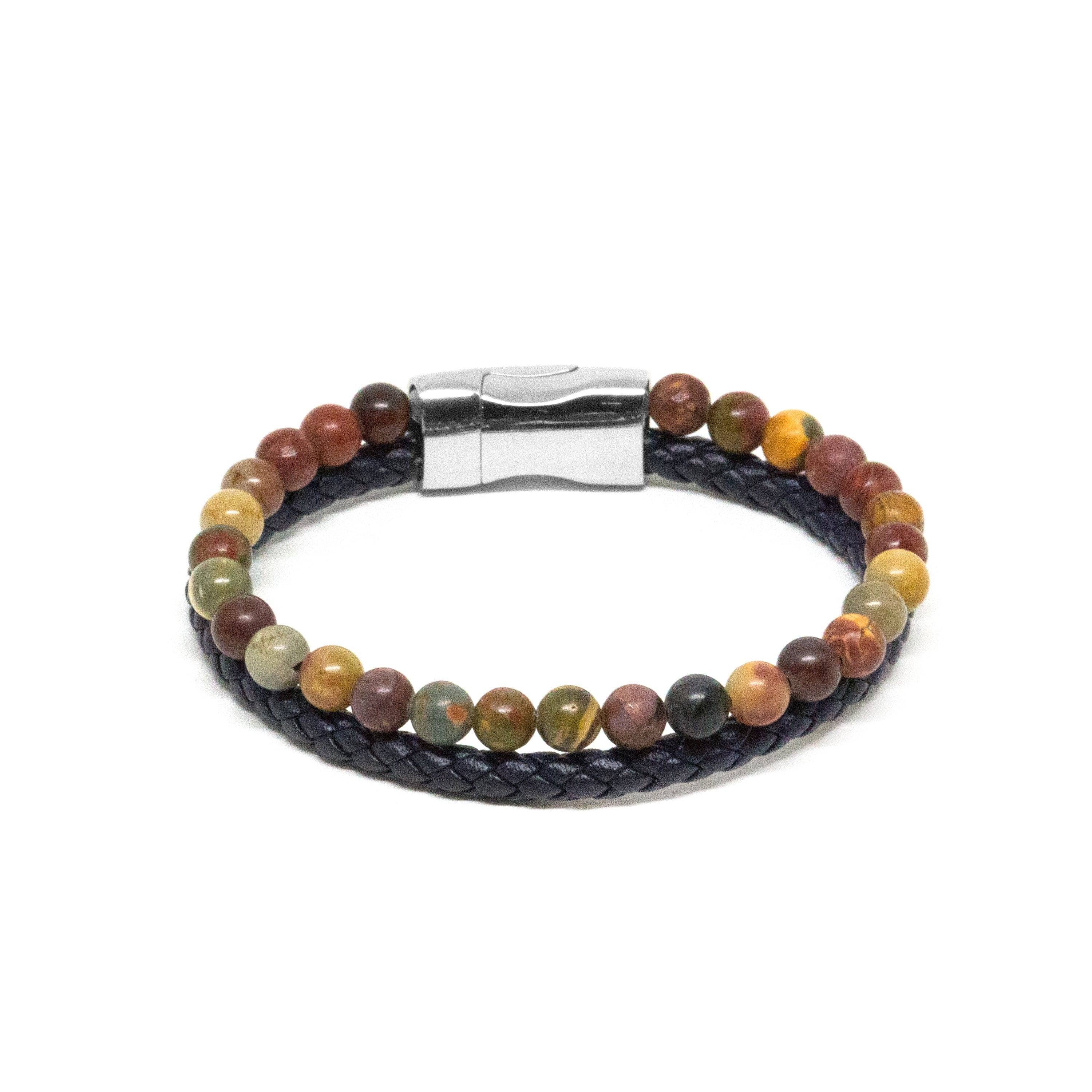 Beaded Jasper & Leather Weave Double Bracelet Bracelet Clinks Australia 