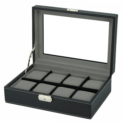 Black Leather Watch Box, 8 Watch Boxes, Cuffed Watch Box, Clink Australia Watch Box, Black Watch Boxes on Cuffed, Australia Watch Box, Watch Storage Box, Watch Display Box, 8 Slots Watch Box, Watch Box for 8, Black Watch Box, Black, Leather, Watch Boxes, Storage Boxes, CB5064, Clinks.com