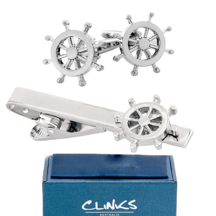 Silver Helm Ships Wheel Cufflinks & Tie Clip Set Gift Set Cuffed.com.au 