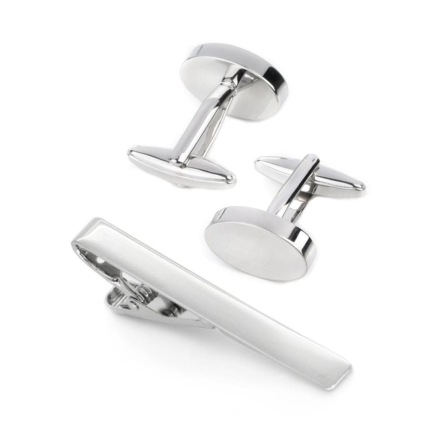 Silver Oval Engravable Cufflinks & Tie Clip Set Gift Set Clinks Australia Default 