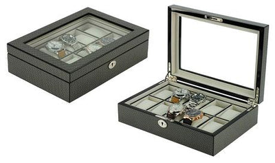 Carbon Fibre Wooden Watch Box, 10 Watch Box, Cuffed Watch Box, Clinks Australia Watch Box, Carbon Fibre Watch Boxes on Cuffed, Australia Watch Box, Watch Storage Box, Watch Display Box, 10 Slots Watch Box, Watch Boxes for 10, Wooden Watch Box, Carbon Fibre, Watch Boxes, CB5055, Clinks.com