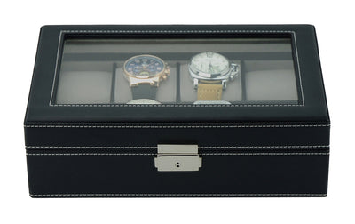 Black Leather Watch Box, 8 Watch Boxes, Cuffed Watch Box, Clink Australia Watch Box, Black Watch Boxes on Cuffed, Australia Watch Box, Watch Storage Box, Watch Display Box, 8 Slots Watch Box, Watch Box for 8, Black Watch Box, Black, Leather, Watch Boxes, Storage Boxes, CB5064, Clinks.com