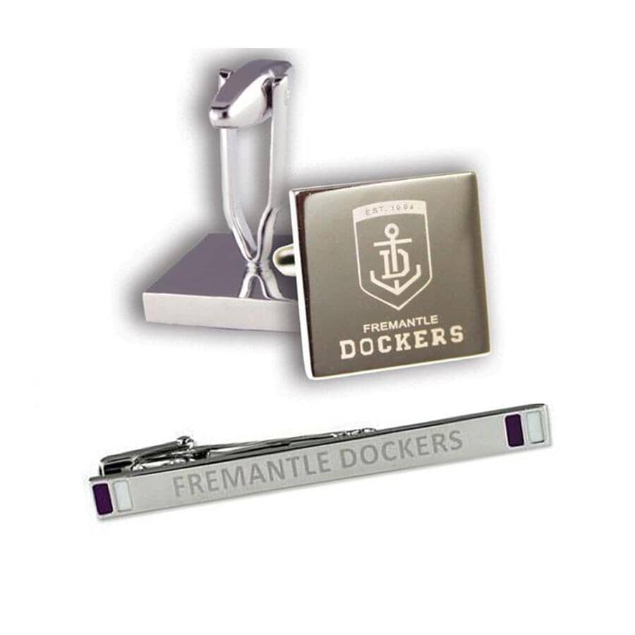 Silver AFL Fremantle Dockers Cufflinks & Tie Bar Set Gift Set Cuffed.com.au Default 
