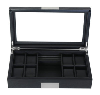 Black Wooden Watch Box, 8 Watch Box, Cuffed Watch Box, Clinks Australia Watch Box, Black Watch Boxes on Cuffed, Australia Watch Box, Watch Storage Box, Watch Display Box, 8 Slots Watch Boxes, Watch Boxes for 8, Wooden Watch Box, Black Wooden Watches + Organizer, CB5009, Clinks.com