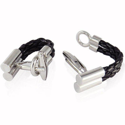 Silver Black Leather Wrap Around Cufflinks