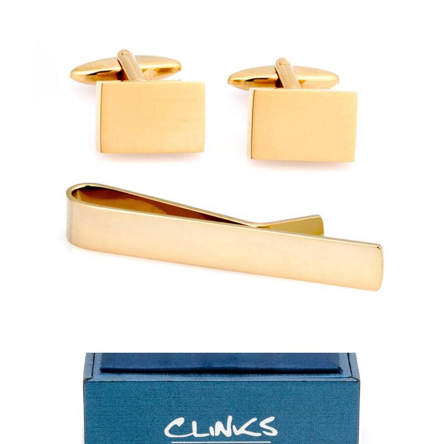 Shiny Gold Rectangle Engravable Cufflinks & Tie Bar Set Gift Set Clinks Australia 