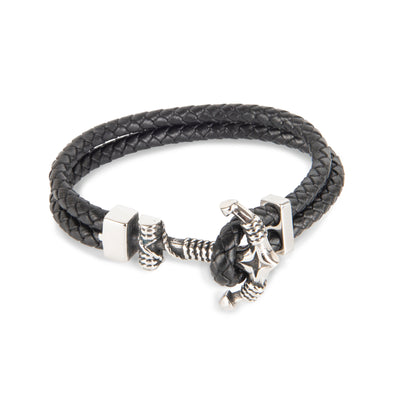 Double Black Leather Rope Anchor Bracelet