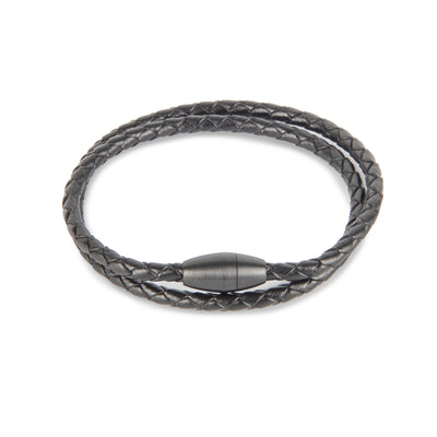 Black Braided Leather Double Wrap Bracelet Matte Black Clasp