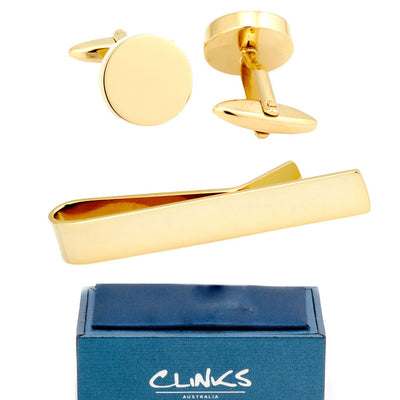 Shiny Round Gold Cufflinks & Tie Bar Set