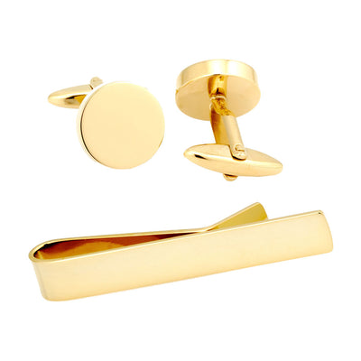 Shiny Round Gold Cufflinks & Tie Bar Set