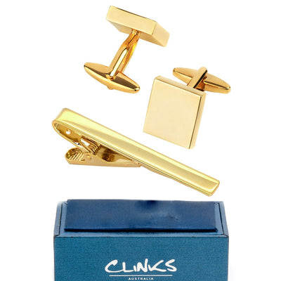 Shiny Gold Square Cufflinks & Tie Clip Set