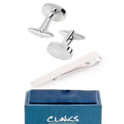 Silver Oval Engravable Cufflinks & Tie Bar Set