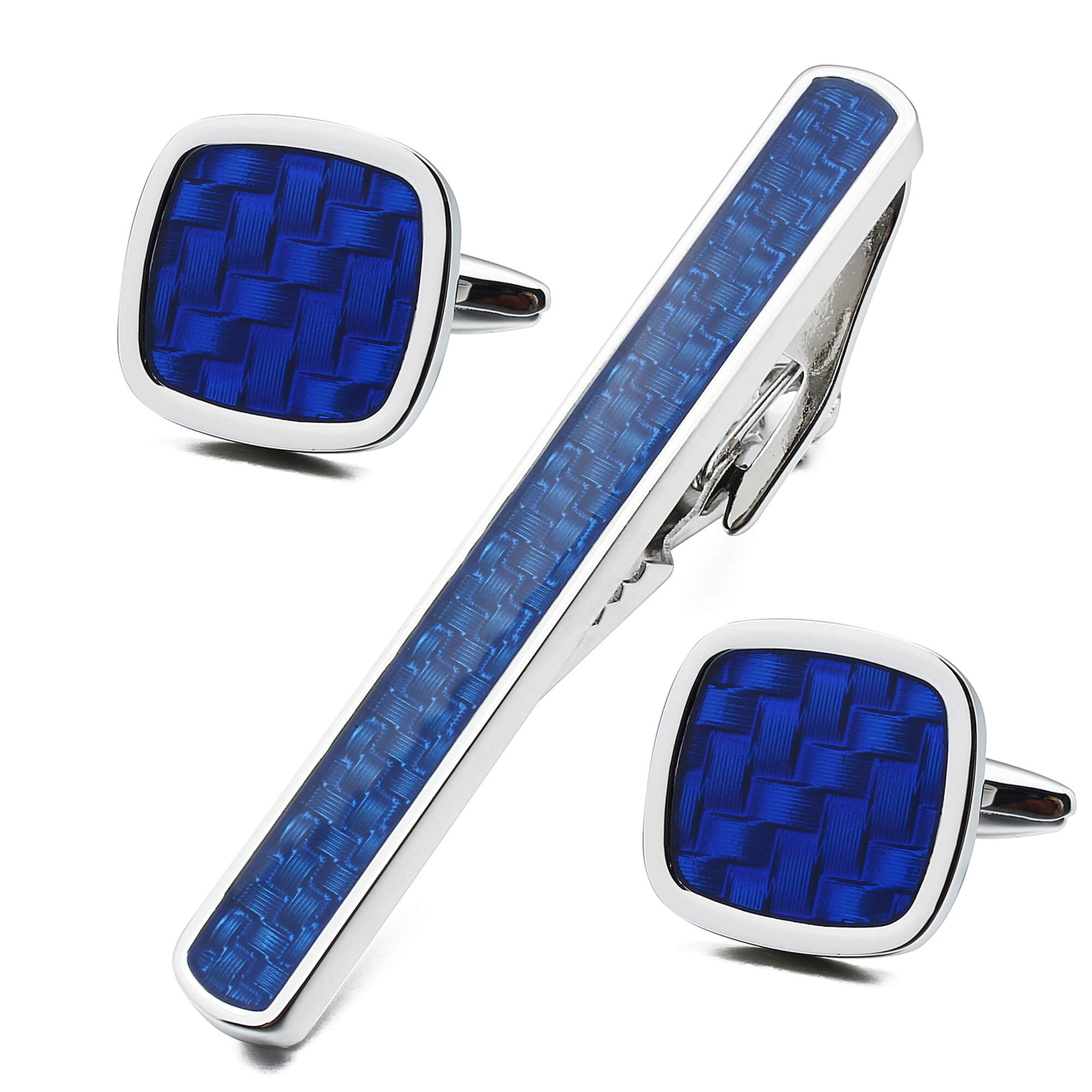 Blue Woven Pattern Cufflink and Tie Clip Set