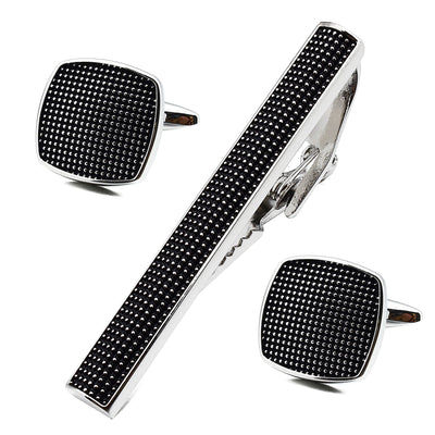 Detailed Black Cufflink and Tie Clip Set