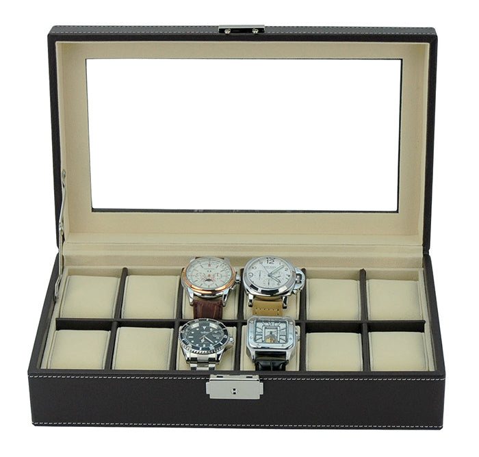 Dark Brown Leather Watch Box for 12 Watches, Watch Boxes, Watch Box, Storage Boxes, Dark Brown, Leather, Watch Box for 12 Watches, CB5079, Clinks.com