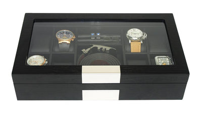 Black Wooden Watch Box, 8 Watch Box, Cuffed Watch Box, Clinks Australia Watch Box, Black Watch Boxes on Cuffed, Australia Watch Box, Watch Storage Box, Watch Display Box, 8 Slots Watch Boxes, Watch Boxes for 8, Wooden Watch Box, Black Wooden Watches + Organizer, CB5009, Clinks.com