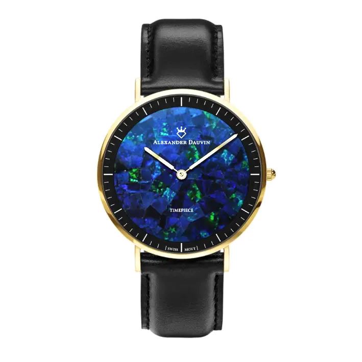 Roland Pedy Blue Swiss Opal Watch 40MM with Black Leather Strap