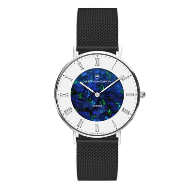 Romano Cliff Blue Swiss Opal Watch 36MM with Black Mesh Strap