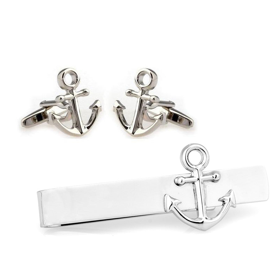 Ship Anchor Silver Cufflinks & Tie Bar Set