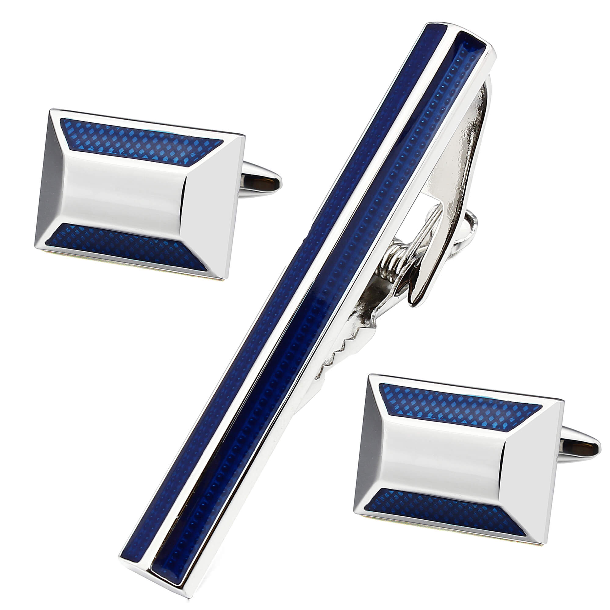 Textured Blue and Silver Cufflink and Tie Clip Set