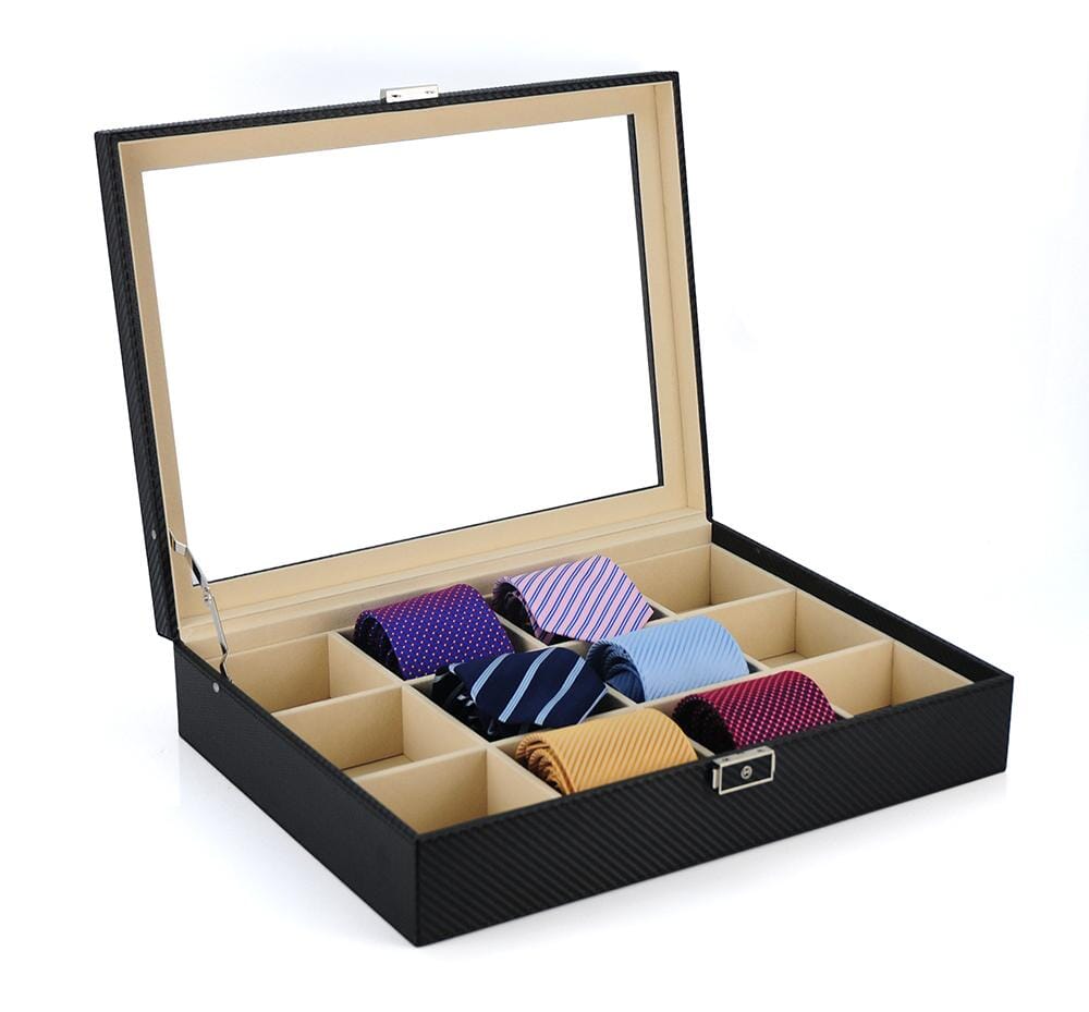 Carbon Fibre Leather Tie Box for 12 Storage Boxes Clinks 