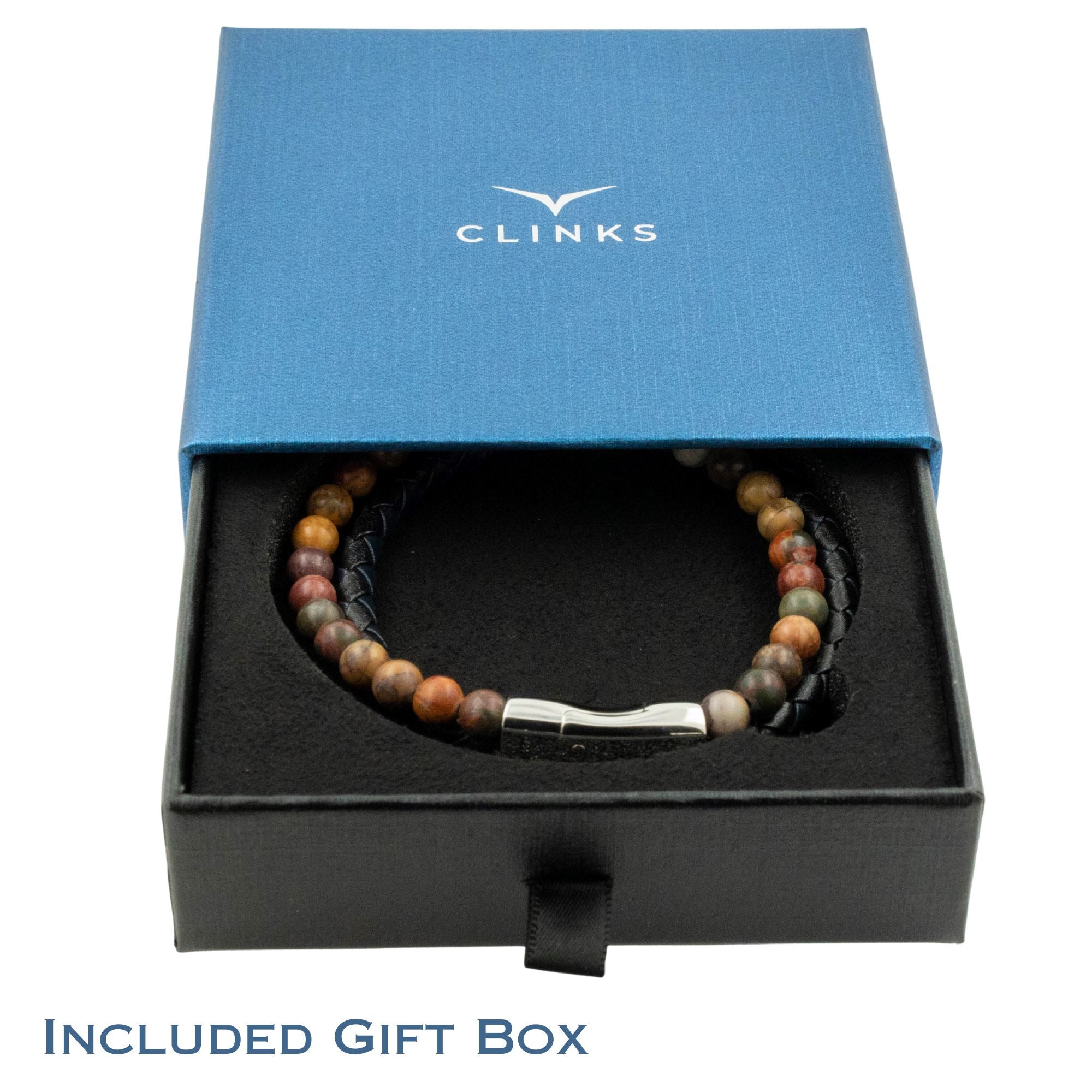 Navy/Black Leather Bracelet with SS Textured Barrel Clasp Bracelet Clinks Australia 