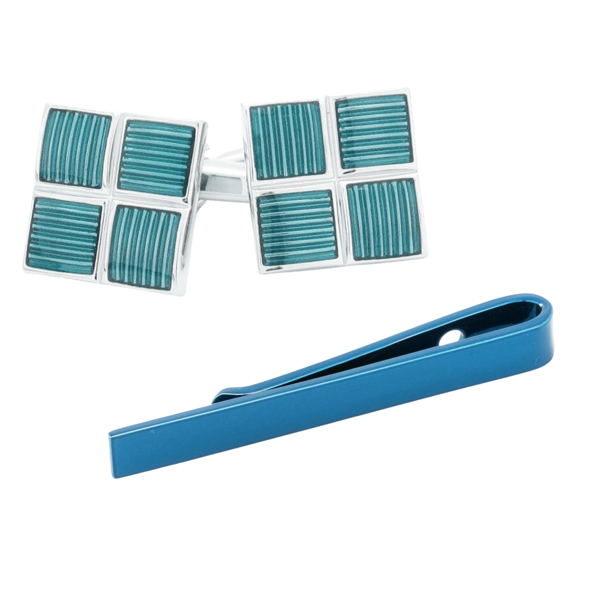 Metallic Blue Cufflinks and Tie Bar Set