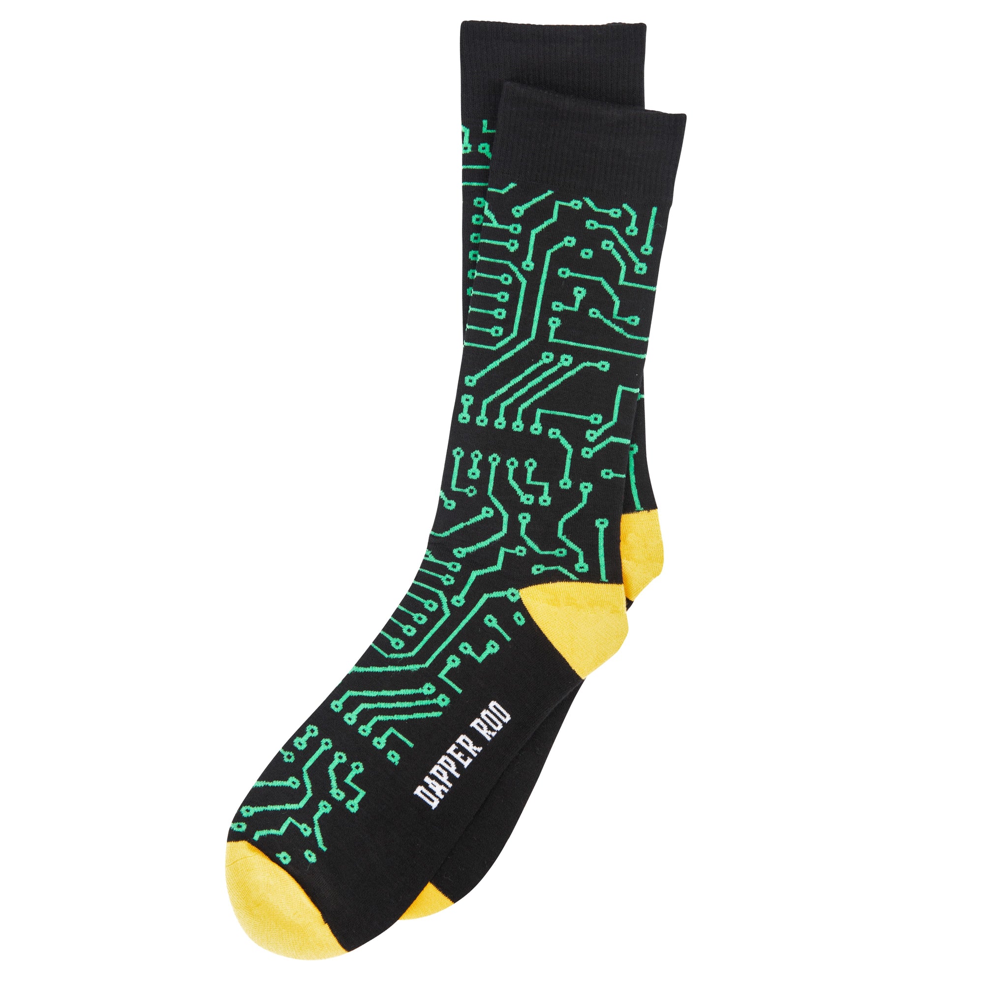 Tech Nerd Circuit Board Bamboo Socks by Dapper Roo, Tech Nerd Circuit Board Socks, Dapper Roo, Socks, Black, Yellow, Green, Bamboo, Elastane, Nylon, Elastic, SK2027, Men's Socks, Socks for Men, Clinks.com