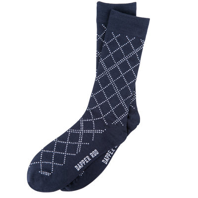 Diamond Lattice Blue Bamboo Socks by Dapper Roo, Diamond Lattice Bamboo Socks, Dapper Roo, Socks, Navy Blue, White, Bamboo, Elastane, Nylon, Elastic, SK2041, Men's Socks, Socks for Men, Clinks.com