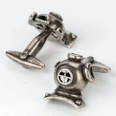 Scuba Diving Helmet Antique Silver Cufflinks