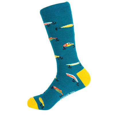 Gone Fishing Bamboo Socks by Dapper Roo, Gone Fishing Socks, Dapper Roo, Socks, Teal, Yellow, Multi, Bamboo, Elastane, Nylon, Elastic, SK2030, Men's Socks, Socks for Men, Clinks.com