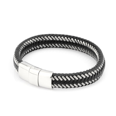 Black Leather and Silver Wire Bracelet - Silver Clasp