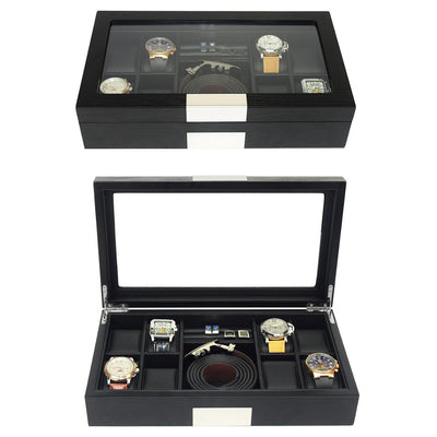 Black Wooden Watch Box, 8 Watch Box, Cuffed Watch Box, Clinks Australia Watch Box, Black Watch Boxes on Cuffed, Australia Watch Box, Watch Storage Box, Watch Display Box, 8 Slots Watch Boxes, Watch Boxes for 8, Wooden Watch Box, Black Wooden Watches + Organizer, CB5009, Clinks.com